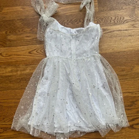 Lucy in the Sky White w Sequin Overlay Mini Dress | Size M | Sparkly Party Dress - Picture 6 of 10